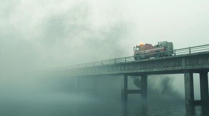 Fototapeta premium Rapid Response Truck on Bridge Amidst Dense Fog and Smoke