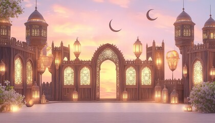 Fototapeta premium Illuminated Islamic Architecture at Sunset Ramadan Festive Gate and Lanterns