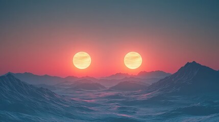 Fototapeta premium Stunning Dual Sunset Over Serene Mountains and Ocean Waves