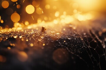 Morning dew on spider web with macro detail composition and sunrise backlighting on natural framing