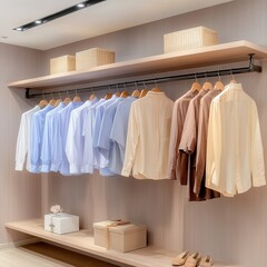 Stylish clothing display in a modern boutique showcasing shirts.