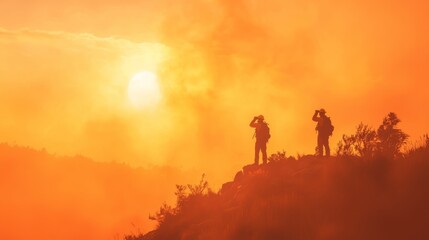 Fototapeta premium Two Firefighters on a High Vantage Point Observing Wildfire Landscape