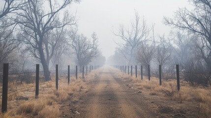 Fototapeta premium Dusty Road with Floating Cinders in Foggy Landscape