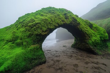 Moss-covered stones forming archway with morning fog diffusion composition and leading lines on ultra-wide angle