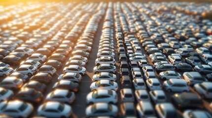 Obraz premium Massive Car Inventory, New Vehicle Lot, Automotive Industry, Global Supply Chain, Transportation, Parking Lot, Aerial View, Logistics, Lots of Vehicles, Cars for Sale, Dealership, blurred