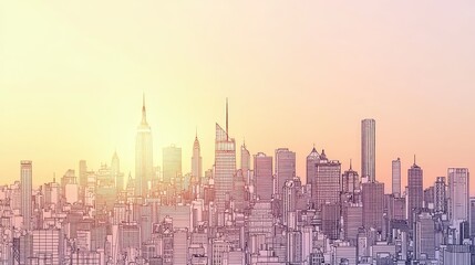 Fototapeta premium Urban skyline at sunset with artistic line drawing and soft glow
