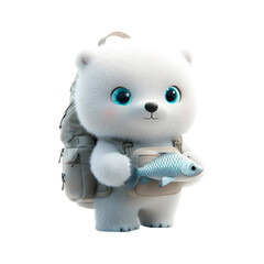Fluffy 3D Cartoon Backpack with Glowing Zippers Featuring a White Teddy Bear Holding a Fish Isolated on Transparent Background