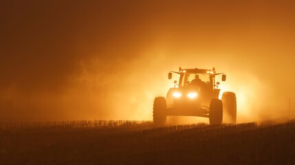Fototapeta premium Tractor Plowing Through Smoldering Fields at Sunset Glow