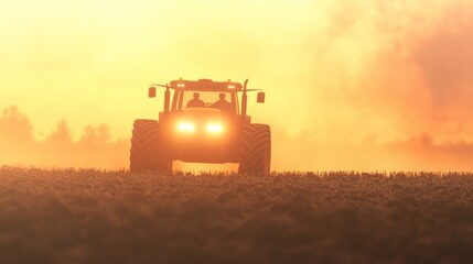 Fototapeta premium Tractor Plowing Through Field at Sunset with Smoke Background