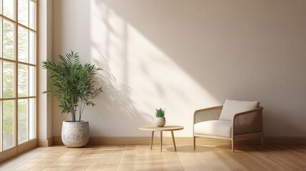 Minimalist living room design with wooden chair round table floor lamp plant and natural light
