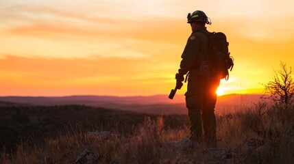 Fototapeta premium Seasoned Firefighter Scanning Landscape at Sunset in Wildfire Region