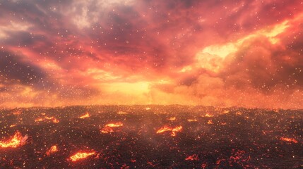 Naklejka premium Dramatic Ground-Level Shot of a Fiery Field Under a Fiery Sky