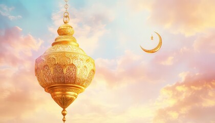 Obraz premium Ornate Golden Ramadan Lantern Hanging Against a Pastel Sky with Crescent Moon