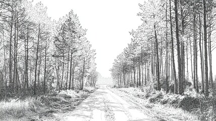 Serene Tree-Lined Road Leading Through a Misty Forest Landscape