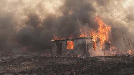 Dramatic Scene of Burning Building with Smoke and Flames Everywhere