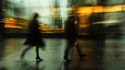 Blurred figures walking city street at night. Illustrates motion, urban life, and anonymity.