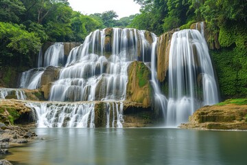 Fototapeta premium Mountain waterfall frozen in time with prismatic light refraction composition and vertical panorama on long exposure capture