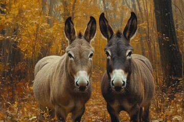 Fototapeta premium Friendly Donkeys Play in Autumn Pasture on Texas Farm