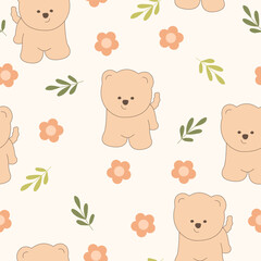 Obraz premium Seamless pattern with animals Cute seamless dog pattern decorated with flowers, leaves, polka dots, designed for printing on paper, fabric, children's clothing, and wallpaper. 