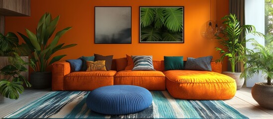 Modern living room with orange sectional sofa, blue ottoman, and tropical plants.
