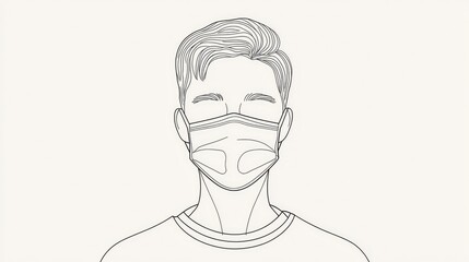Simple Line Art Portrait of Young Man Wearing Face Mask