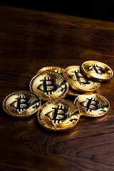 Golden Bitcoins on Wood