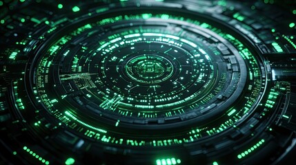 Futuristic digital interface with glowing green elements, showcasing intricate patterns and technology