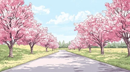Naklejka premium Serene Spring Pathway Surrounded by Pink Blossom Trees