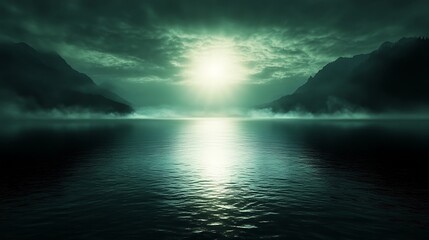 Fototapeta premium Serene Misty Lake Between Dark Mountains Under a Cloudy Sky