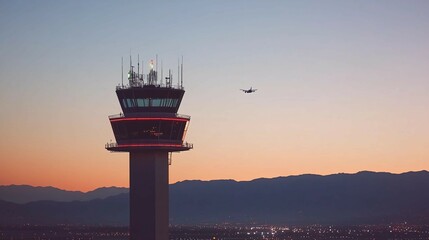 Air traffic control tower exterior at dusk, with lights illuminating the structure, and planes visible in the distance, symbolizing the continuous operation and coordination in aviation. The sky is tr