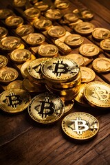 Golden Bitcoins on Wood