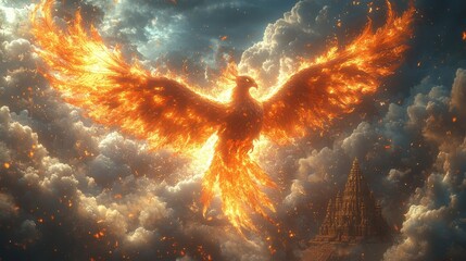 Fototapeta premium A majestic phoenix rising from fiery clouds, symbolizing rebirth and resilience.