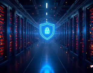 A high-tech server room with vibrant neon lights, secure firewall barriers, and a holographic lock symbol, representing cybersecurity, data protection, and encrypted digital security systems