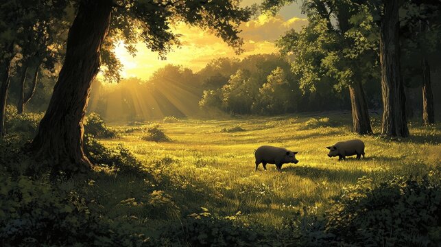 Two pigs graze in a sun-drenched meadow, surrounded by tall trees. Ideal for projects needing peaceful, rural imagery, evoking tranquility and nature.