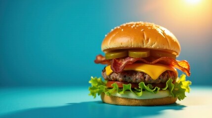 A Juicy Bacon Cheeseburger with Crisp Lettuce and Pickles on a Sesame Seed Bun, Perfectly Lit Against a Vibrant Blue Background