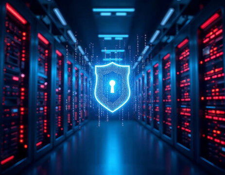 A high-tech server room with vibrant neon lights, secure firewall barriers, and a holographic lock symbol, representing cybersecurity, data protection, and encrypted digital security systems
