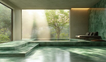 Fototapeta premium Minimalist Green Interior Design with Natural Lighting and Modern Geometric Shapes