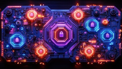 Futuristic Cybersecurity Map with Digital Locks and Neon Colors