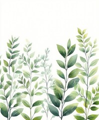 Watercolor Botanical Illustration of Green Foliage with Delicate Leaves and Branches on White Background