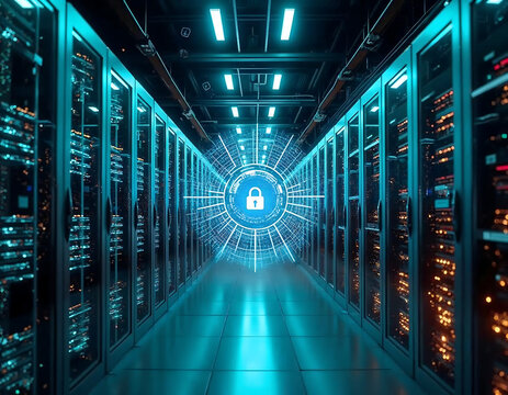 A high-tech server room with vibrant neon lights, secure firewall barriers, and a holographic lock symbol, representing cybersecurity, data protection, and encrypted digital security systems