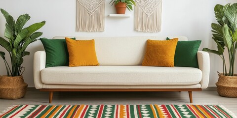 A modern living room featuring a stylish sofa with colorful cushions, surrounded by indoor plants and decorative elements, creating a cozy atmosphere.