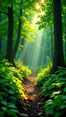 Obraz premium Sunlight dappled forest floor, vibrant green foliage, landscape, blossoms