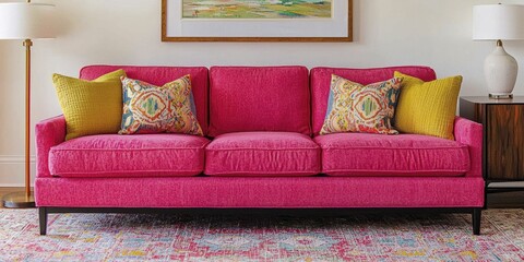 A vibrant pink sofa adorned with colorful cushions, set in a cozy living room with warm lighting and artistic decor.