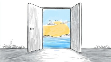 Open Door Leading to Serene Landscape with Water and Mountains