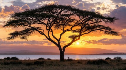 Obraz premium Majestic Silhouette of Acacia Tree Against Vibrant Sunset Sky