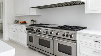 Fototapeta premium A modern kitchen featuring a stainless steel range, sleek cabinetry, and a minimalist design, creating an elegant cooking space.