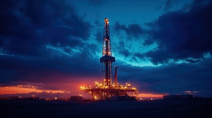 Obraz premium Oil rig at twilight, warm lights against a darkening blue sky, serene industrial scene