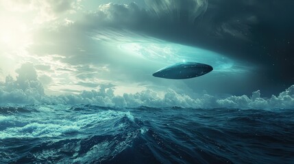 Obraz premium Enigmatic UFO Emerges from Dark Clouds Over a Stormy Ocean Scene
