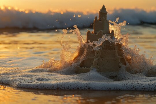 Sand castle being washed away with timing capture composition and sunset light on wave motion