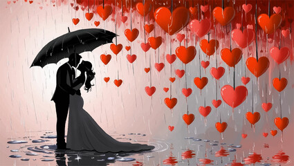 Umbrella shielding a couple in silhouette under a rain of vibrant